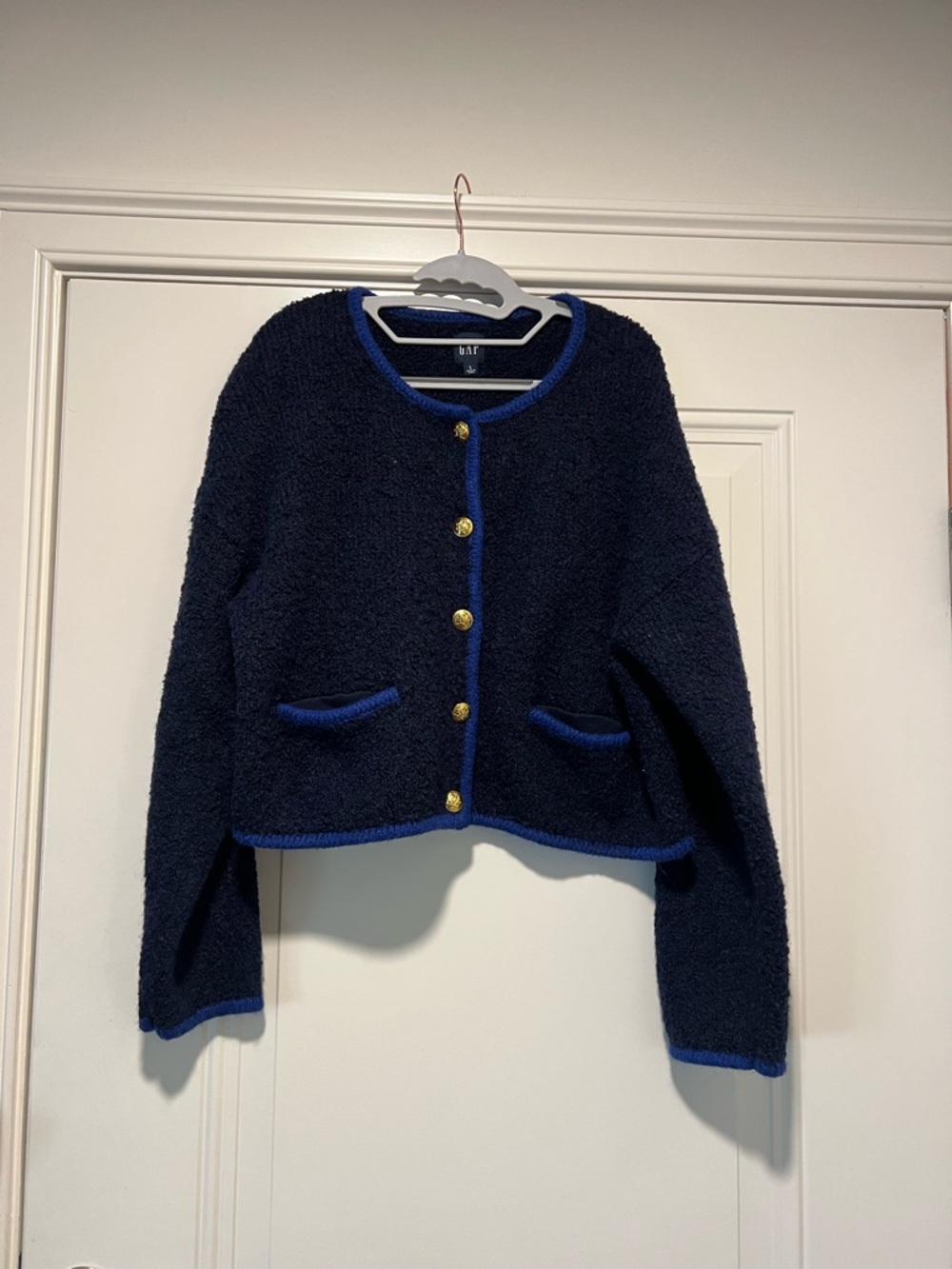 GAP Navy Textured Cardigan with Royal Blue Trim and Gold Button
